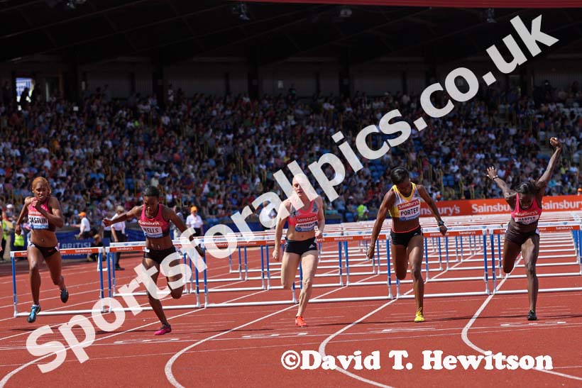 100 metres hurdles, from left to right: Kristi Castlin (USA), Kellie Wells (USA), Sally Pearson (Aus), Tiffany Porter (GB) and Dawn Harper-Nelson (USA) at the IAAF Diamond League, Birmingham.